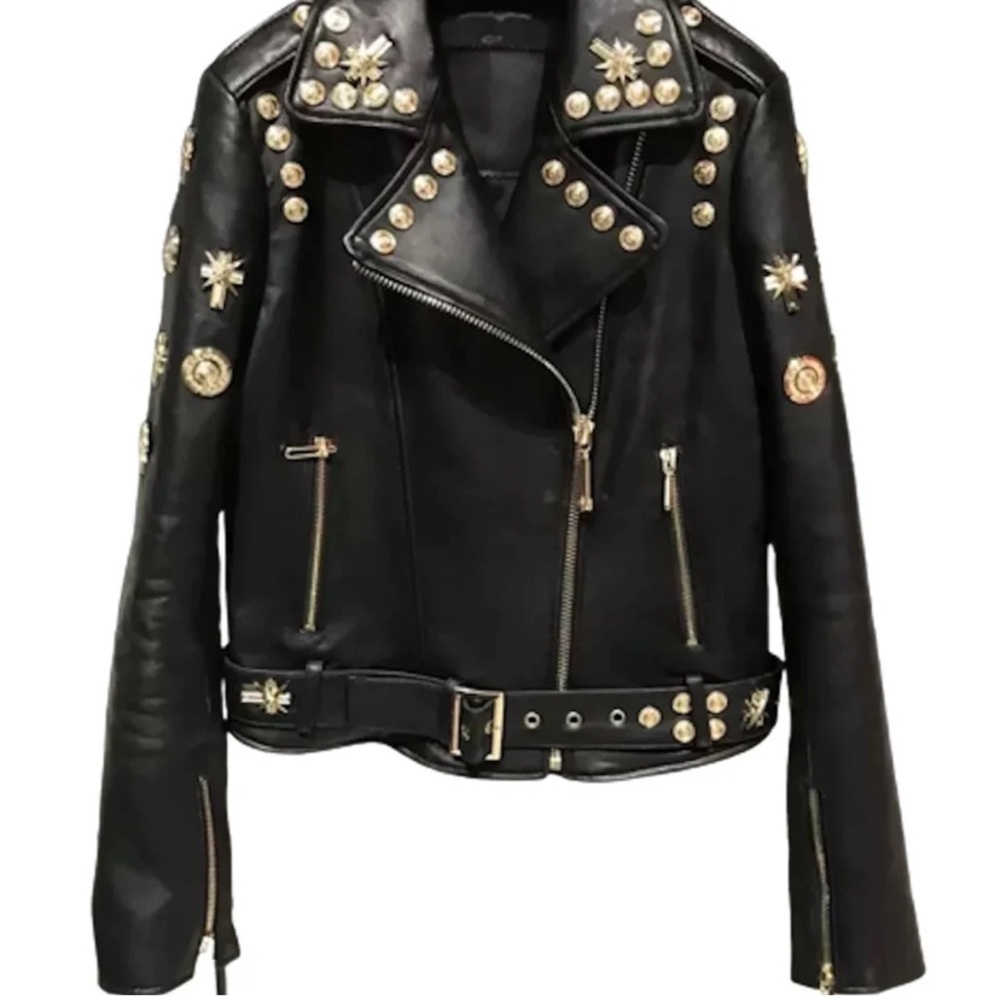 💥💥New never worn soft Lambskin Leather Biker jacket W/hand sewn embellis…